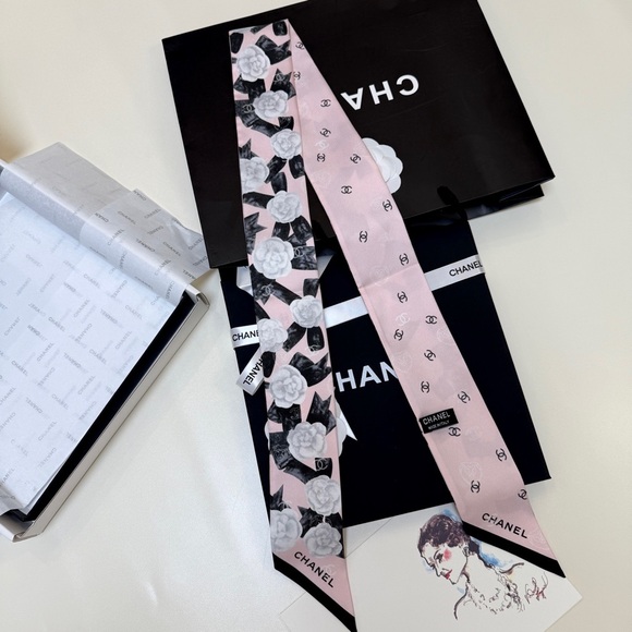 Chanel. Accessories - Chanel Camellia Print Pink Twilly Scarf - 100% Authentic